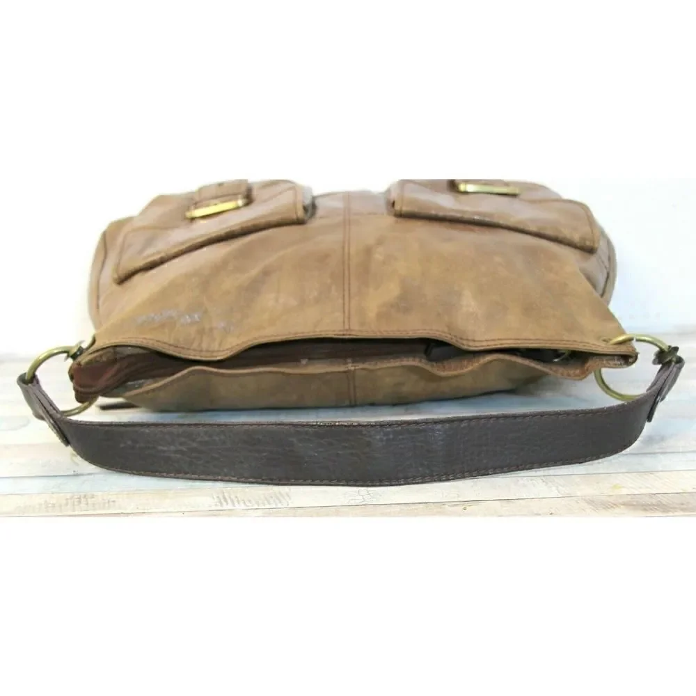 ROOMY Nino Bossi TAN BROWN GENUINE LEATHER ZIP TOP SHOULDER BAG HANDBAG PURSE